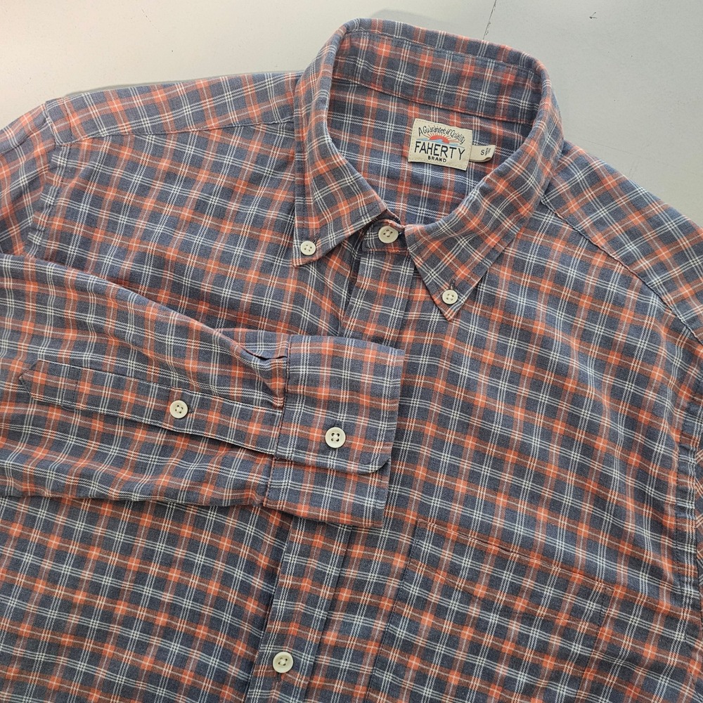 Faherty Mens Small Button Down Shirt Blue Orange Plaid Stretch Coastal Casual